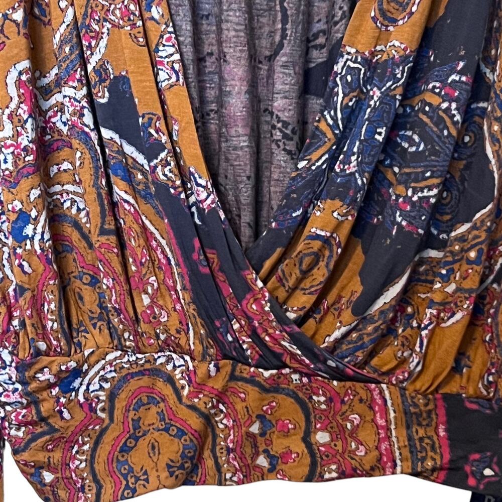 Free People Boho Faux Wrap Tie Waist Bell Sleeve Top In Golden Combo Size M - Picture 5 of 12